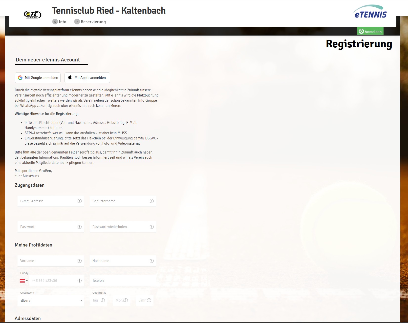 e tennis registrierung
